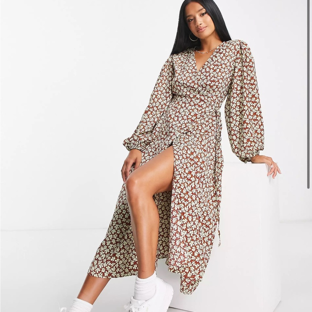 Glamorous Petite Wrap Midi Dress in Brown Green Ditsy (NWT)